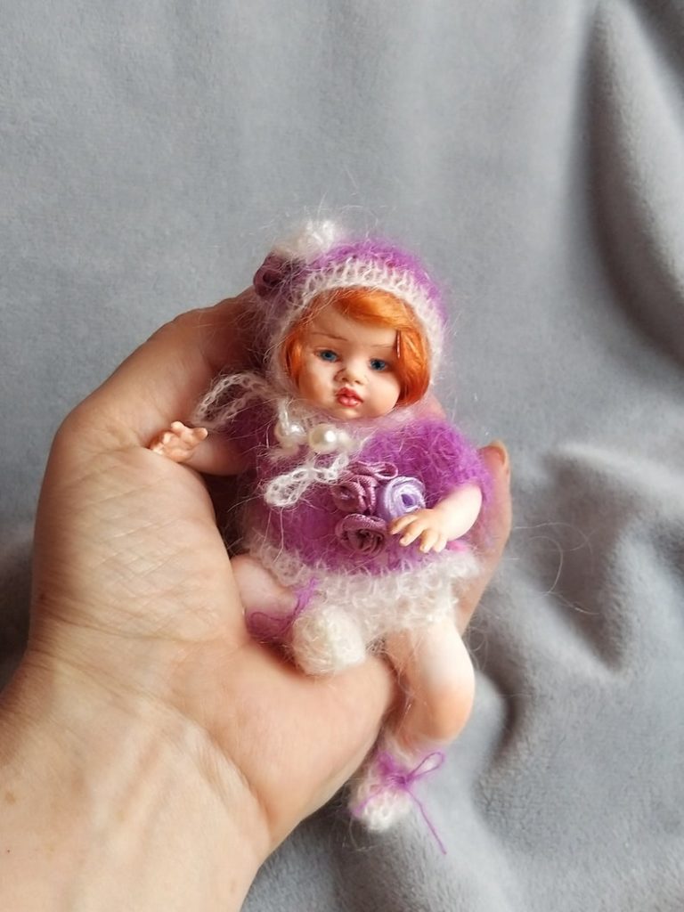 red hair art doll handmade knitted dress