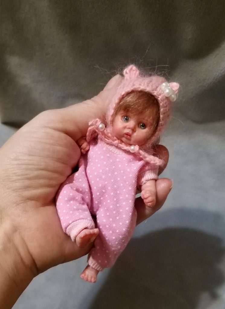 Silicone mini baby doll Nata 5 inch , painted, rooting hair, eyes open, open mouth with pacifier and bootle