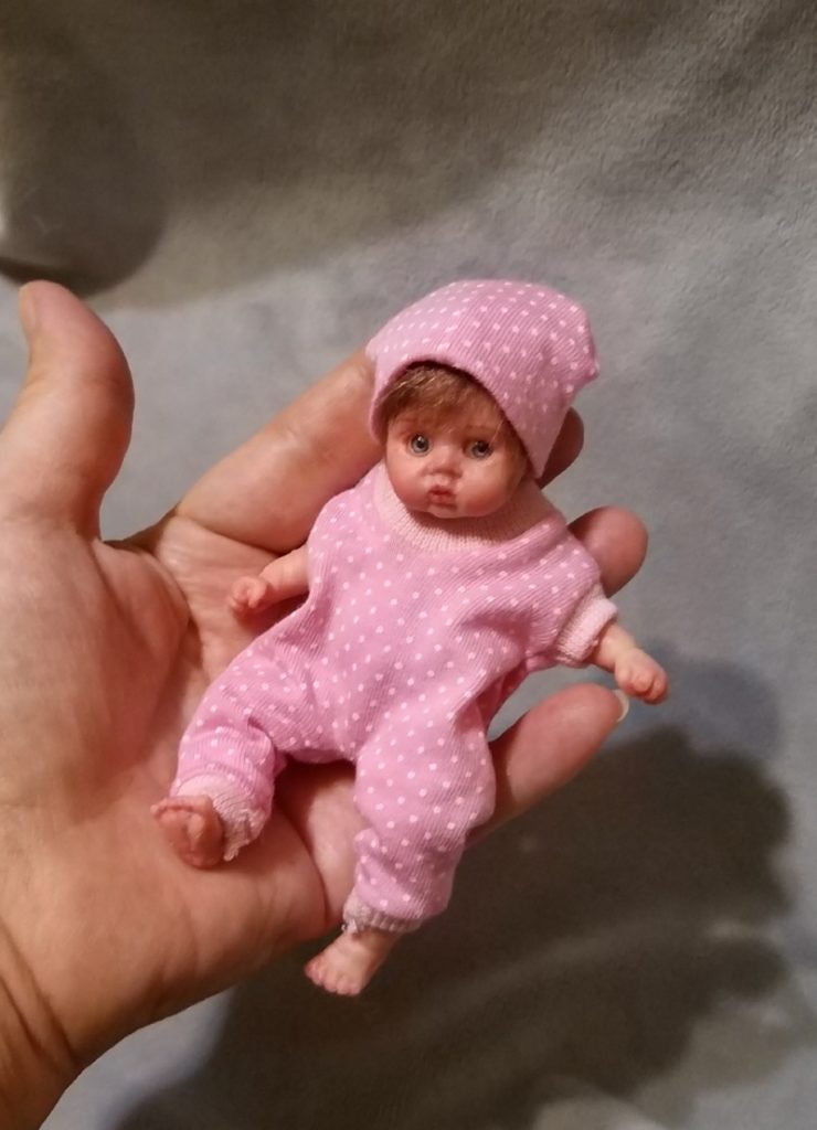 Silicone mini baby doll Nata 5 inch , painted, rooting hair, eyes open, open mouth with pacifier and bootle